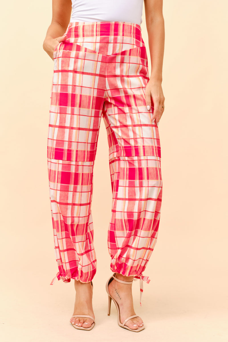 Plaid Cargo Pants with Ankle-Tie