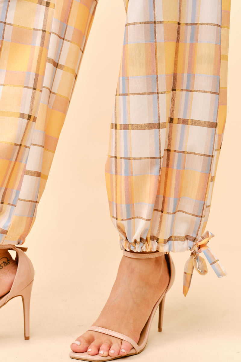 Plaid Cargo Pants with Ankle-Tie