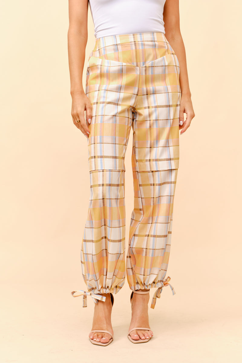 Plaid Cargo Pants with Ankle-Tie