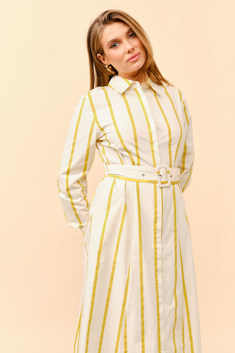 TCH9958- Cotton stripe print belted shirt dress