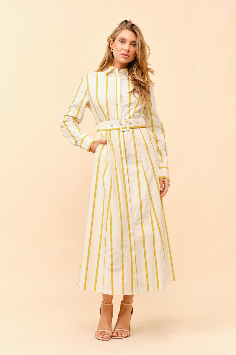 TCH9958- Cotton stripe print belted shirt dress