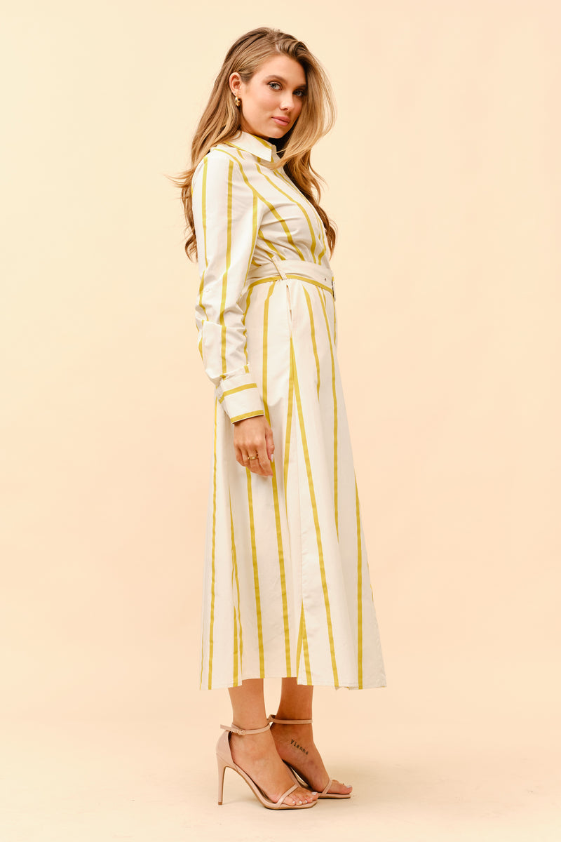 TCH9958- Cotton stripe print belted shirt dress