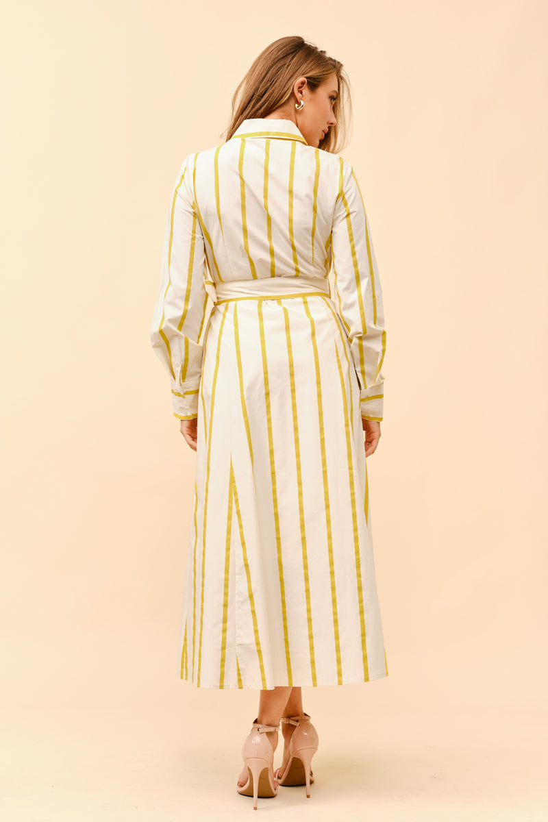TCH9958- Cotton stripe print belted shirt dress