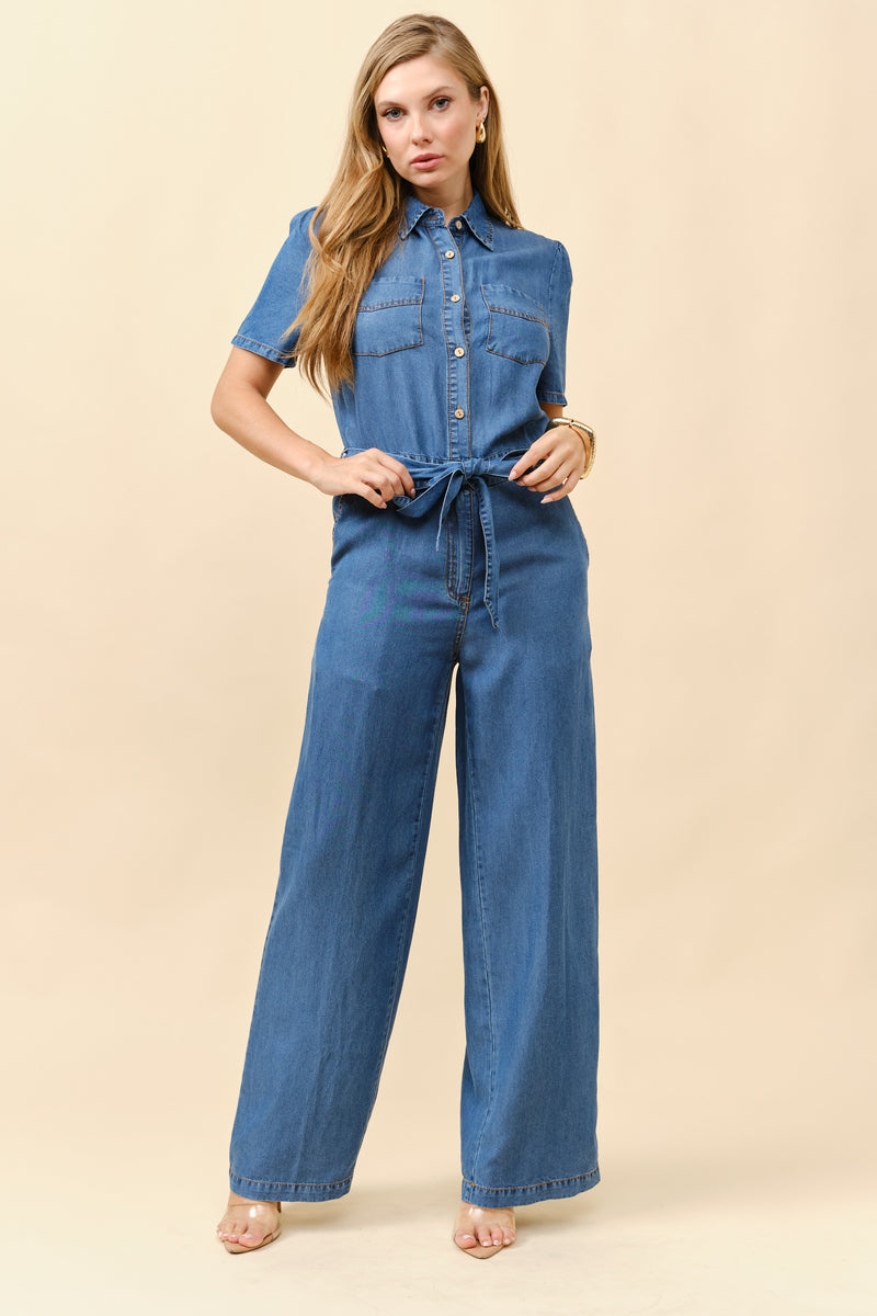 TCS2539- Lightweight denim belted jumpsuit