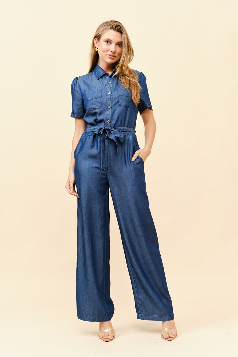 TCS2539- Lightweight denim belted jumpsuit