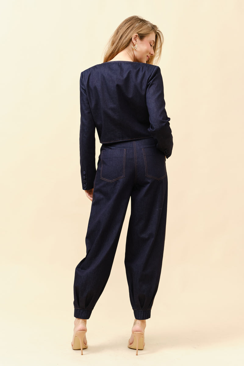 Denim Cropped Jacket & Pants Set