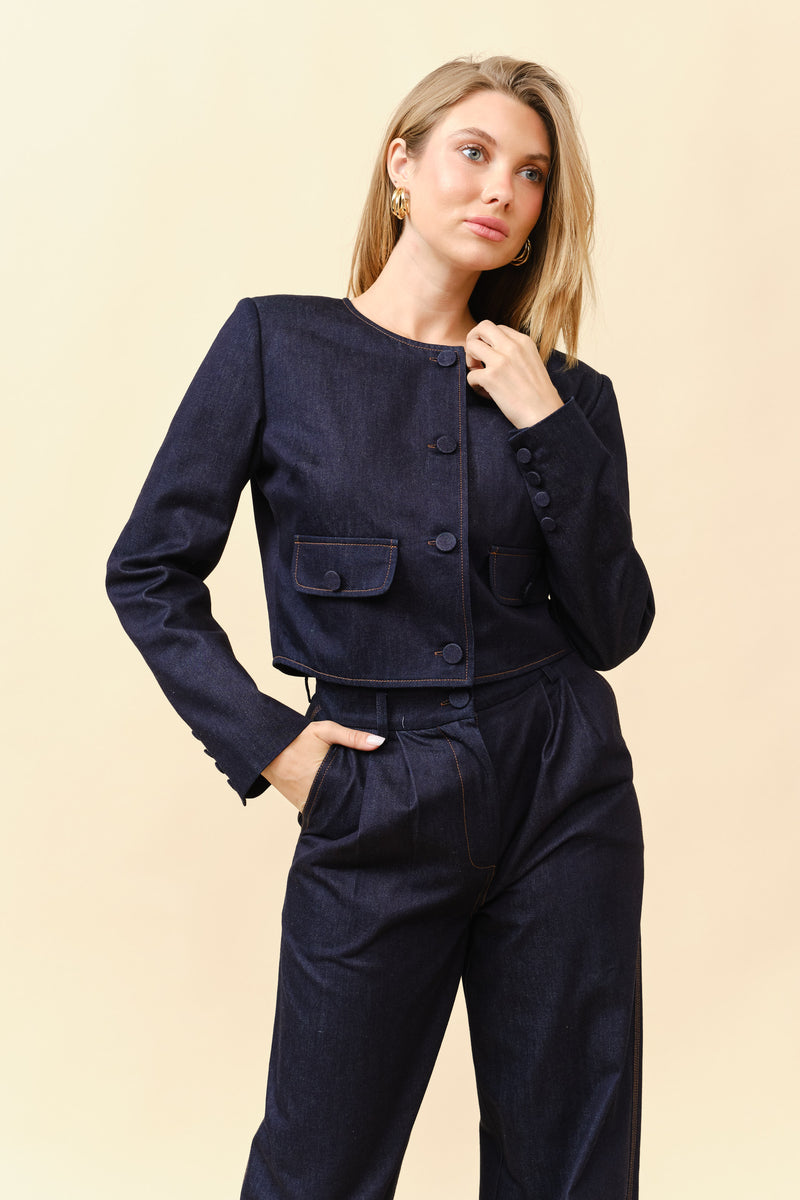 Denim Cropped Jacket & Pants Set
