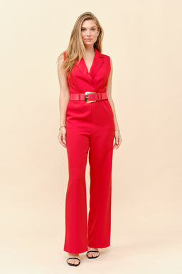 TCS0145- Sleeveless Notched Lapel Wide-Leg Jumpsuit with Belt/ Pre-packed: S(2) – M(2) – L(2) – 6pcs