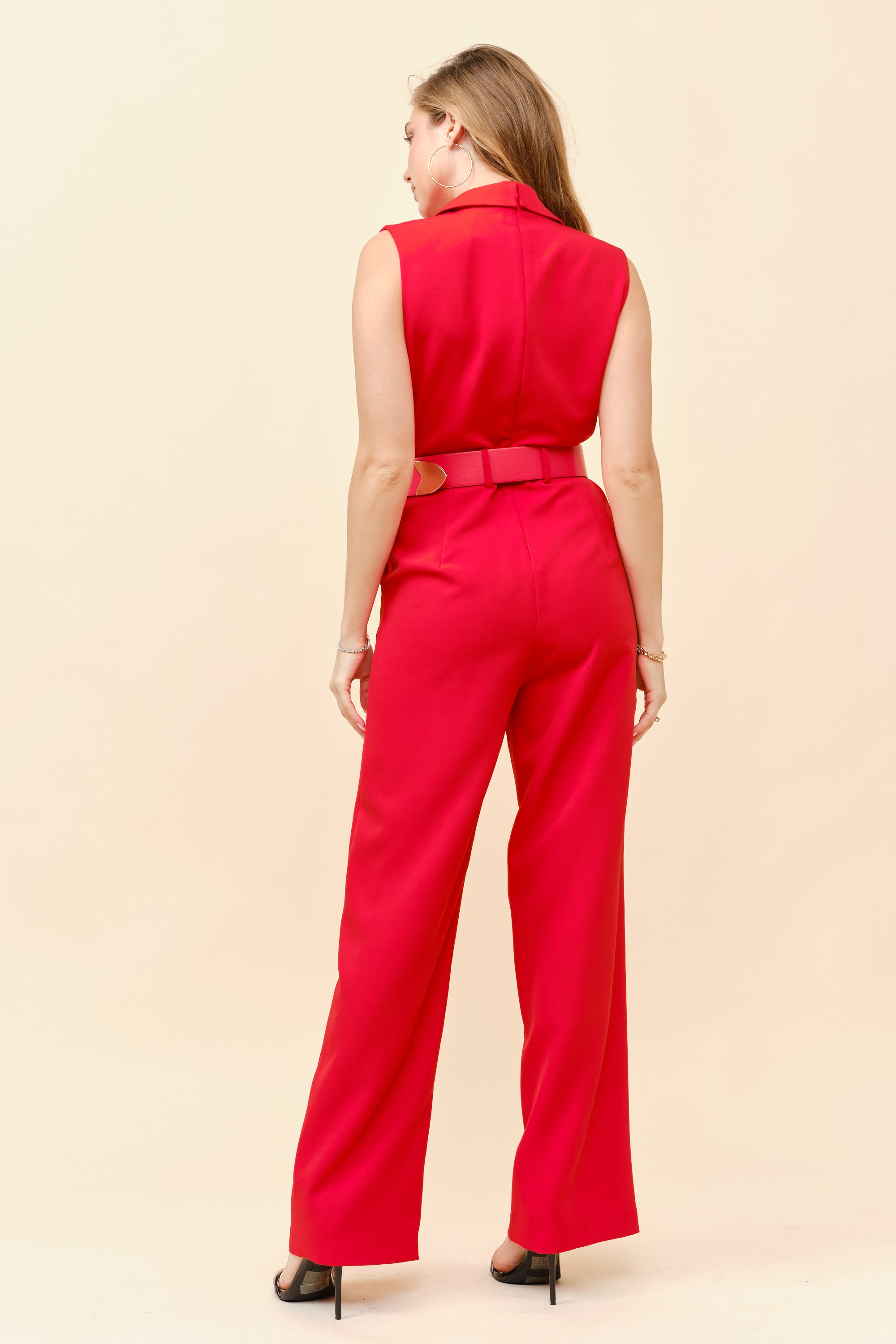 TCS0145- Sleeveless Notched Lapel Wide-Leg Jumpsuit with Belt/ Pre-packed: S(2) – M(2) – L(2) – 6pcs