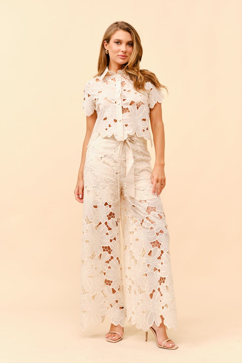 TCS24199- Floral eyelet wide leg pants and top set