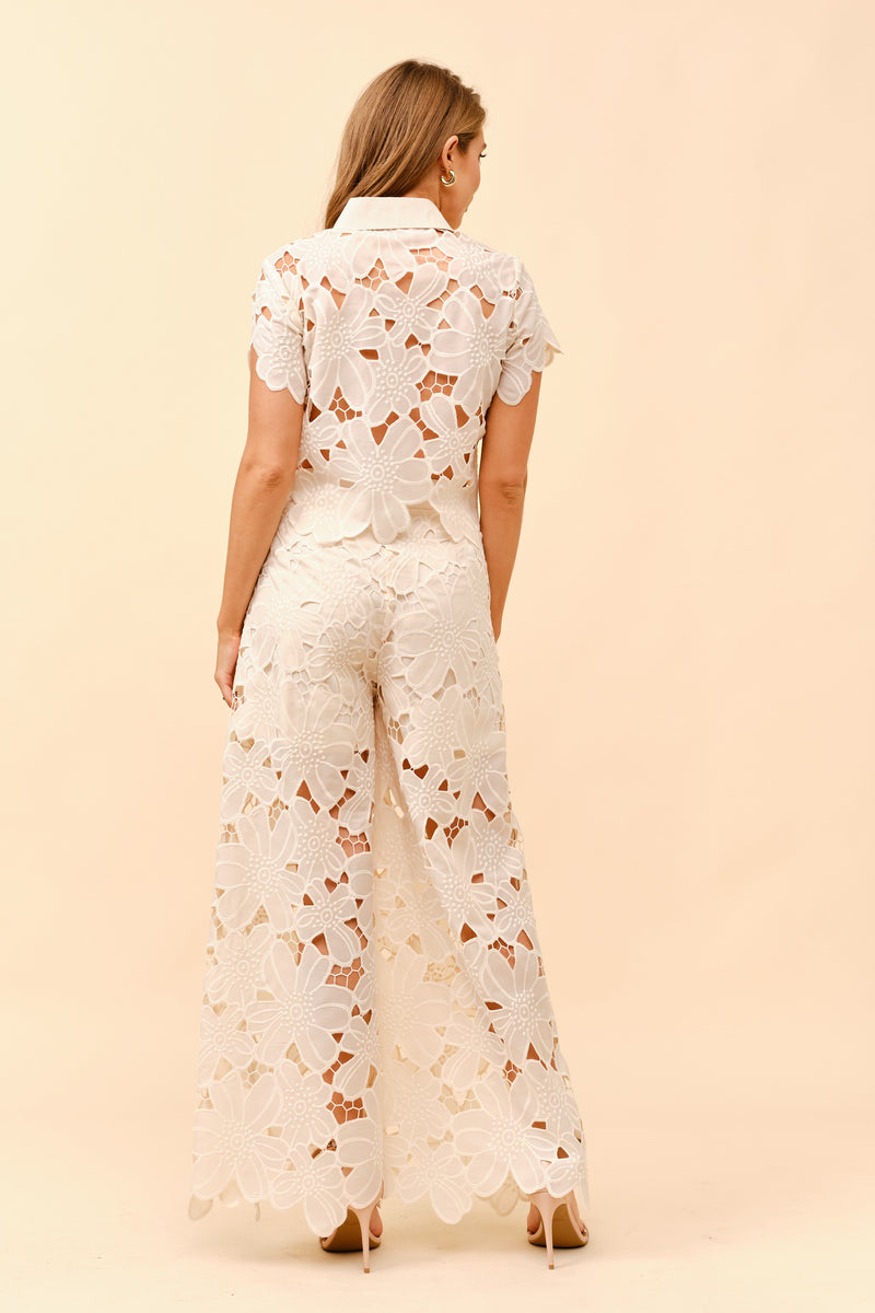 TCS24199- Floral eyelet wide leg pants and top set