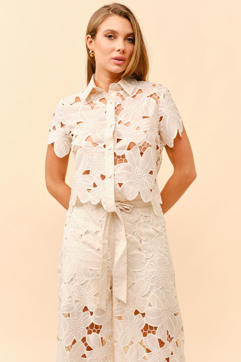 TCS24199- Floral eyelet wide leg pants and top set