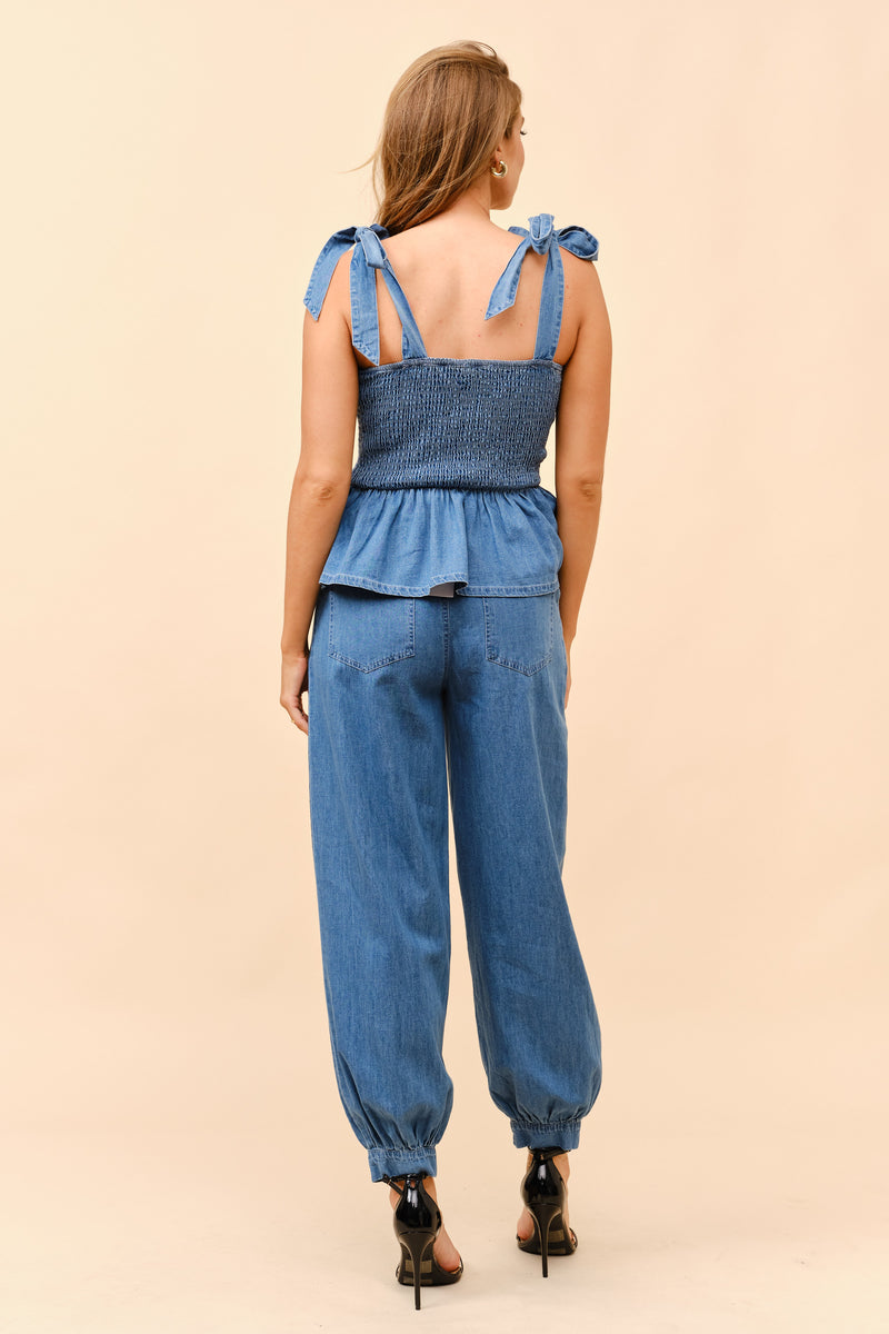 Smocked with Tie-Shoulder Top and Pants Set