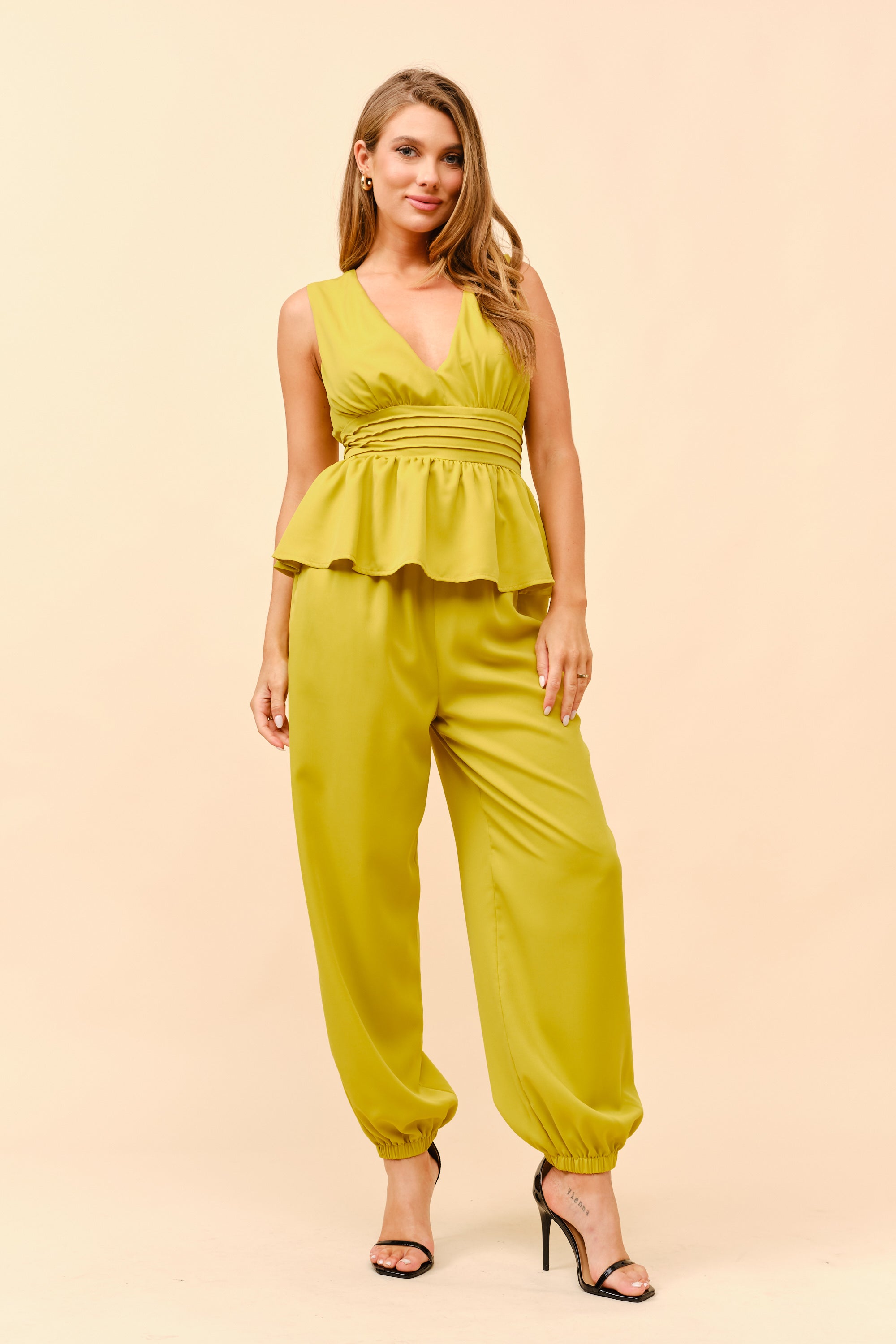 TCS2846- Sleeveless Peplum Top with Pants Set/ Pre-packed: S(2) – M(2) – L(2) – 6pcs
