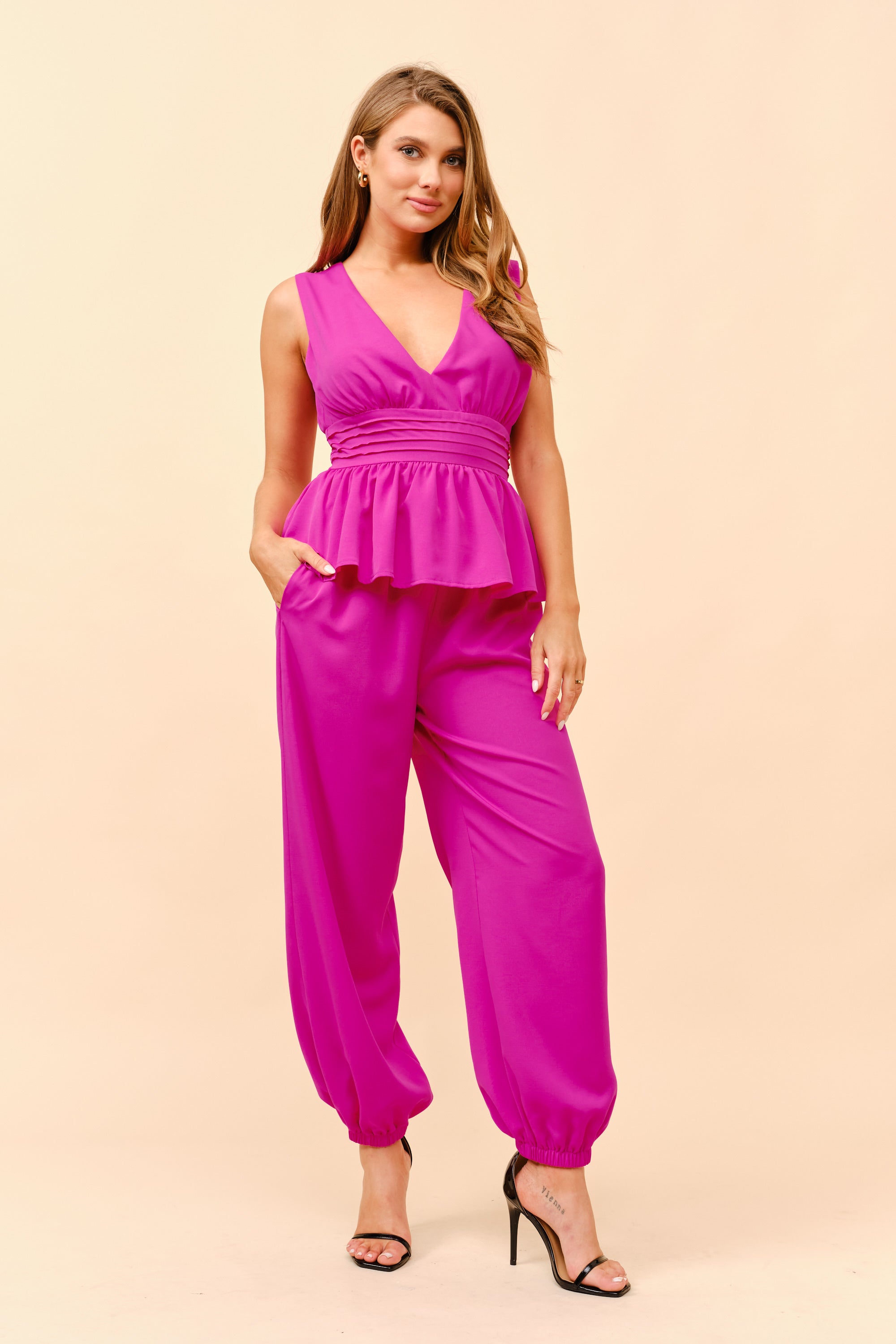 TCS2846- Sleeveless Peplum Top with Pants Set/ Pre-packed: S(2) – M(2) – L(2) – 6pcs