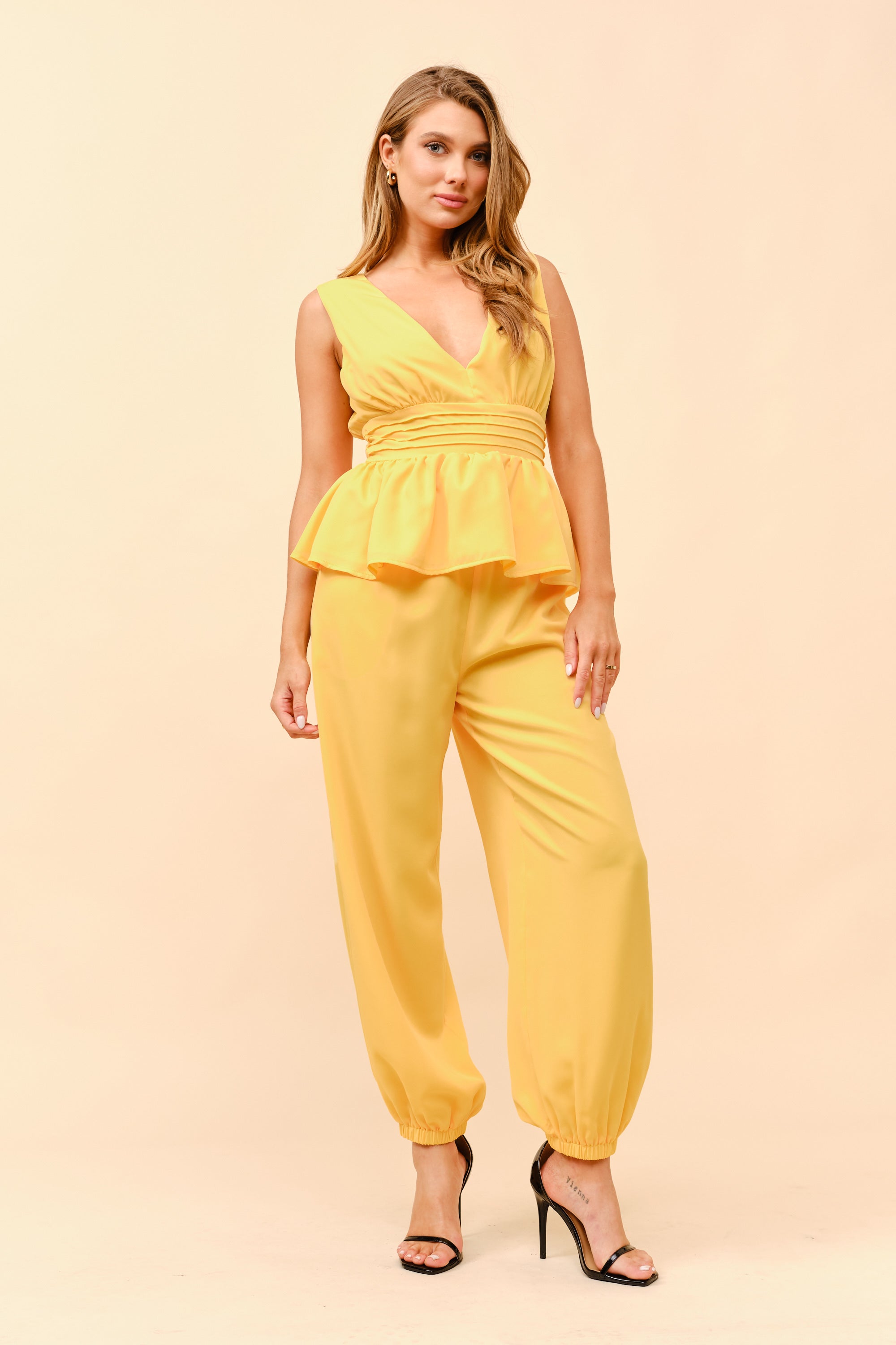 TCS2846- Sleeveless Peplum Top with Pants Set/ Pre-packed: S(2) – M(2) – L(2) – 6pcs