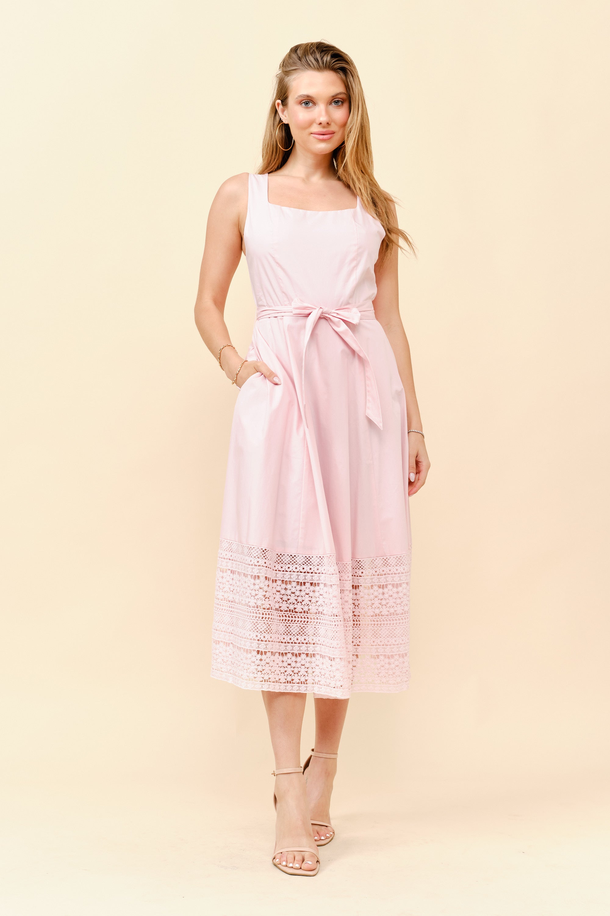 TCS2917- Sleeveless Square Neck Midi Dress with Eyelet Lace Hem/ Pre-packed: S(2) – M(2) – L(2) – 6pcs