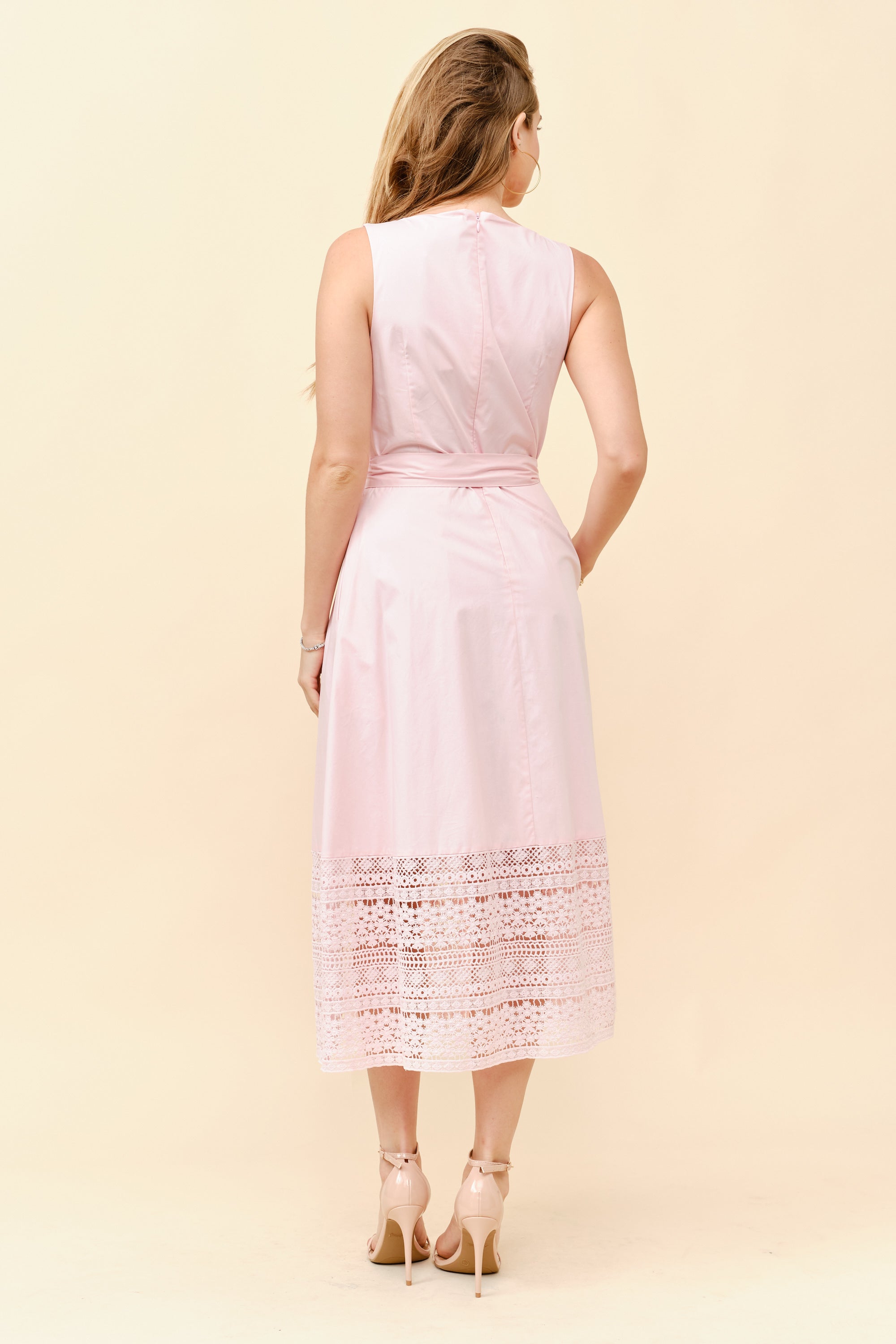 TCS2917- Sleeveless Square Neck Midi Dress with Eyelet Lace Hem/ Pre-packed: S(2) – M(2) – L(2) – 6pcs
