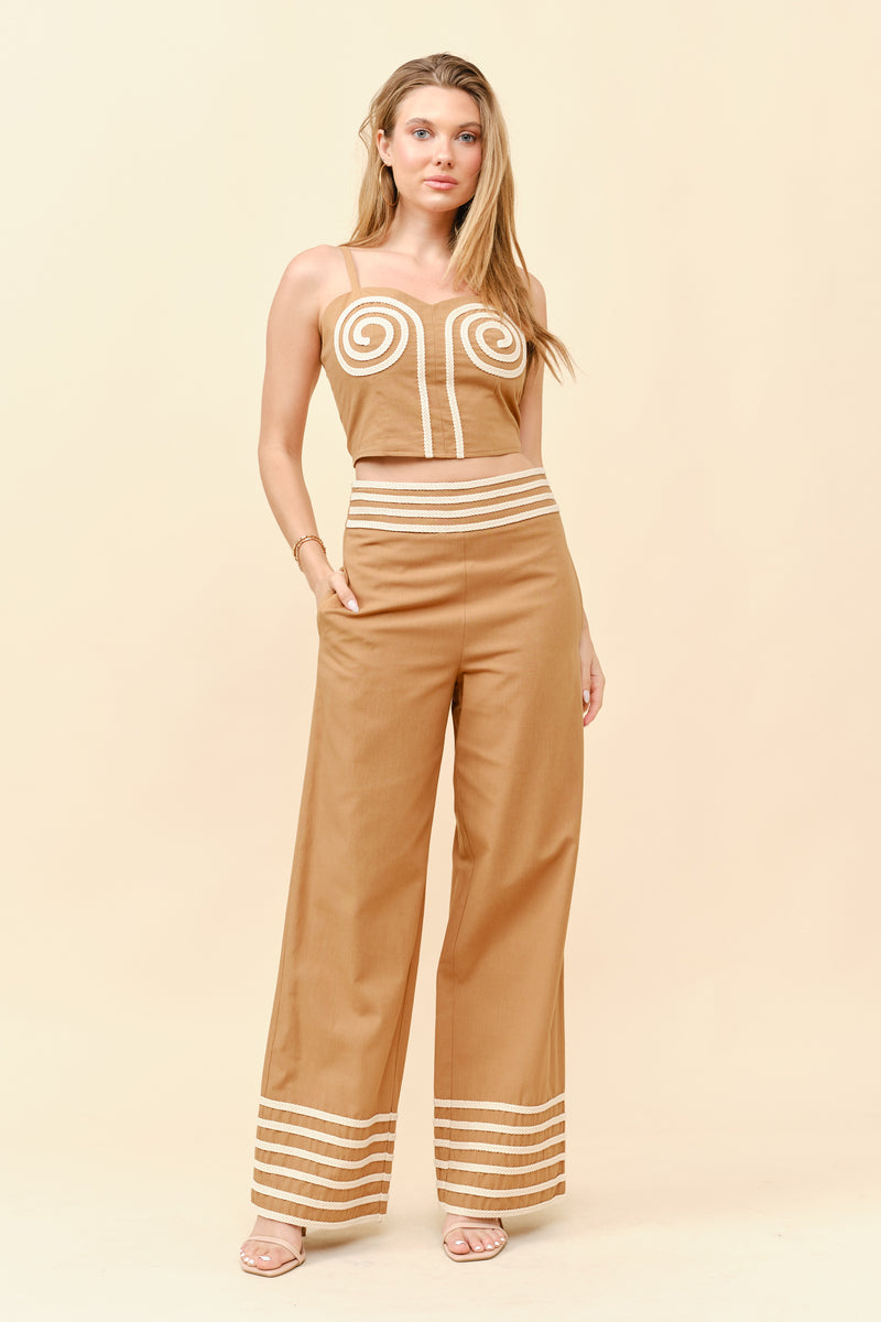 TCS2918- Boho Chic Embroidered Crop Top and Wide Leg Pants Set