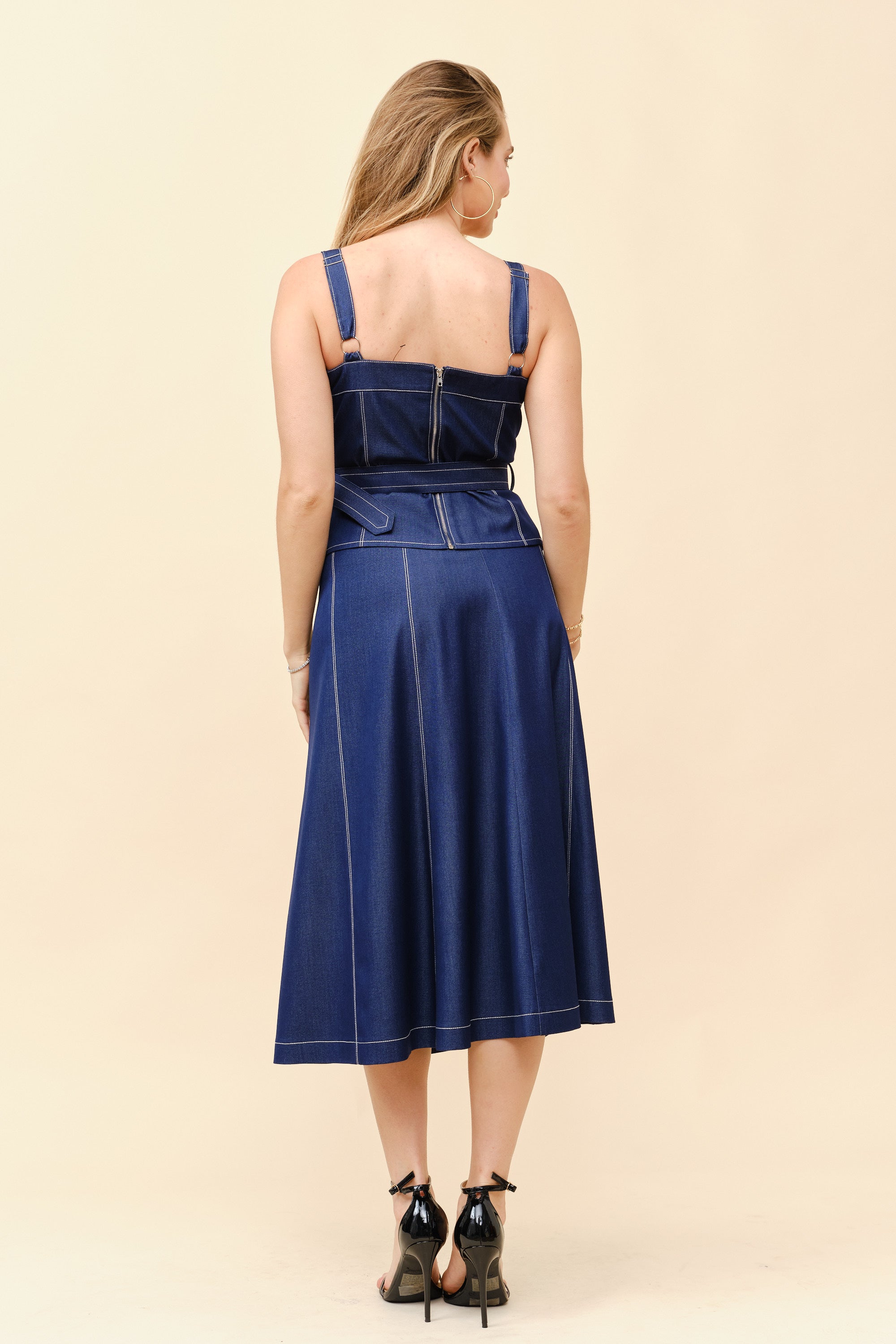 TCS2925- Belted Peplum Top and Paneled Midi Skirt Set/ Pre-packed: S(2) – M(2) – L(2) – 6pcs