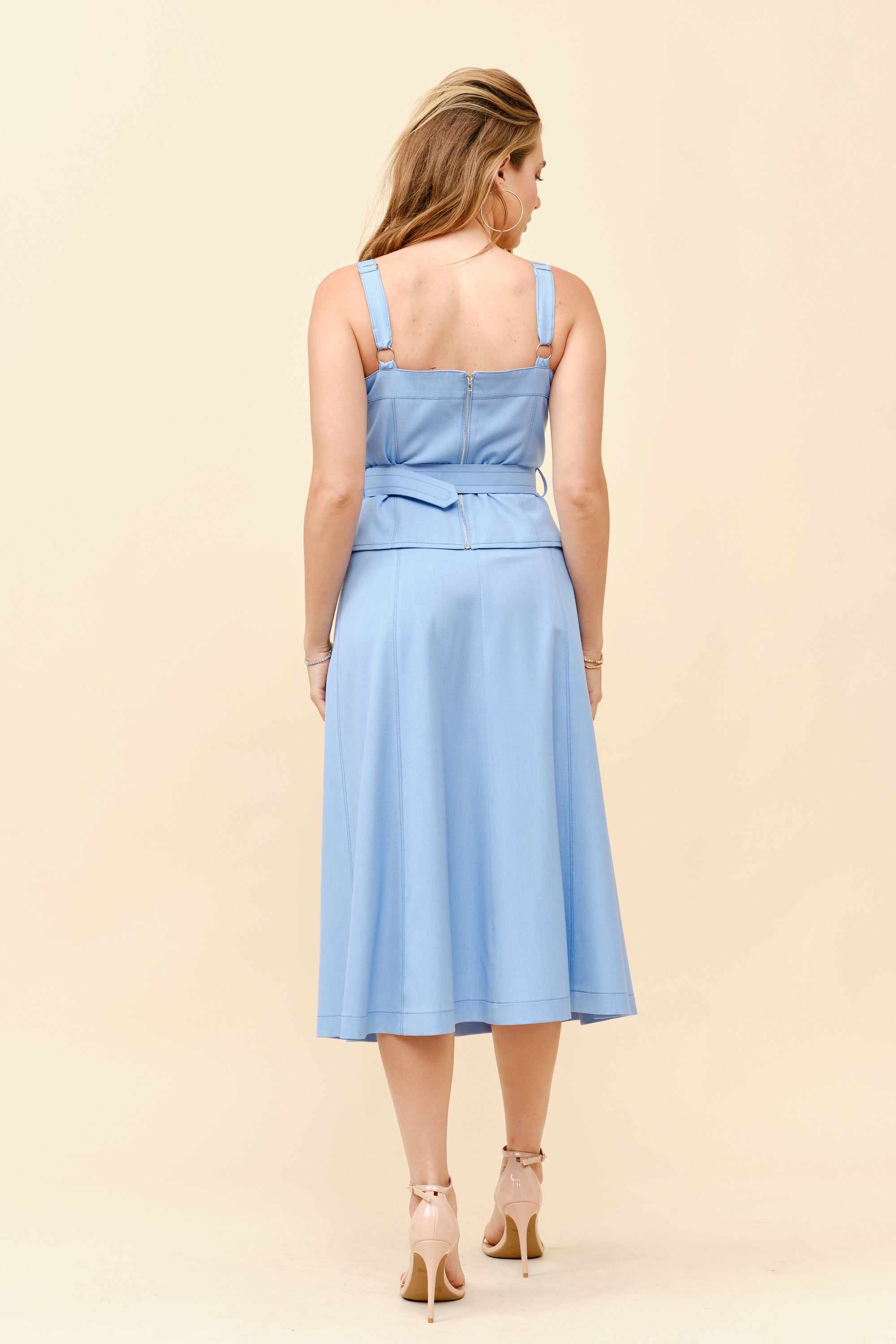 TCS2925- Belted Peplum Top and Paneled Midi Skirt Set/ Pre-packed: S(2) – M(2) – L(2) – 6pcs