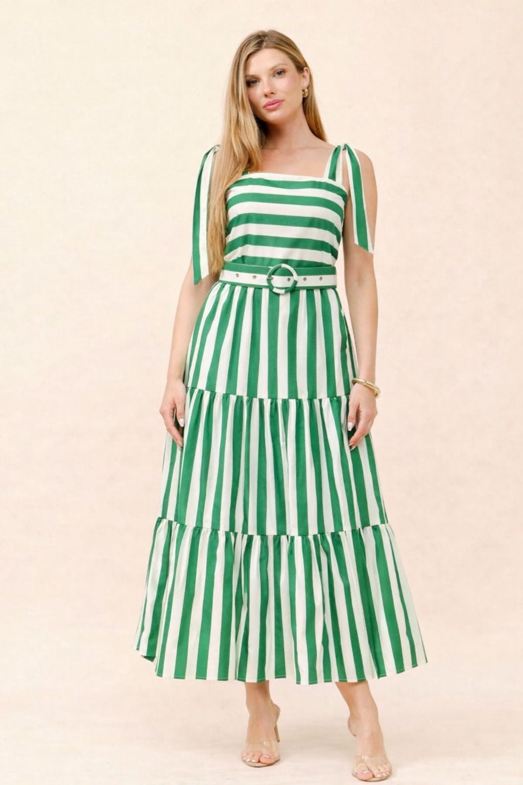 TCS9713- Striped Tiered Maxi Dress with Belt/ Pre-packed: S(2) – M(2) – L(2) – 6pcs