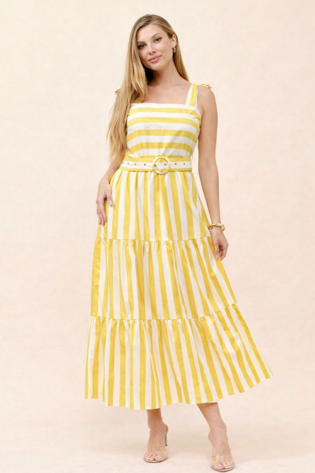 TCS9713- Striped Tiered Maxi Dress with Belt/ Pre-packed: S(2) – M(2) – L(2) – 6pcs