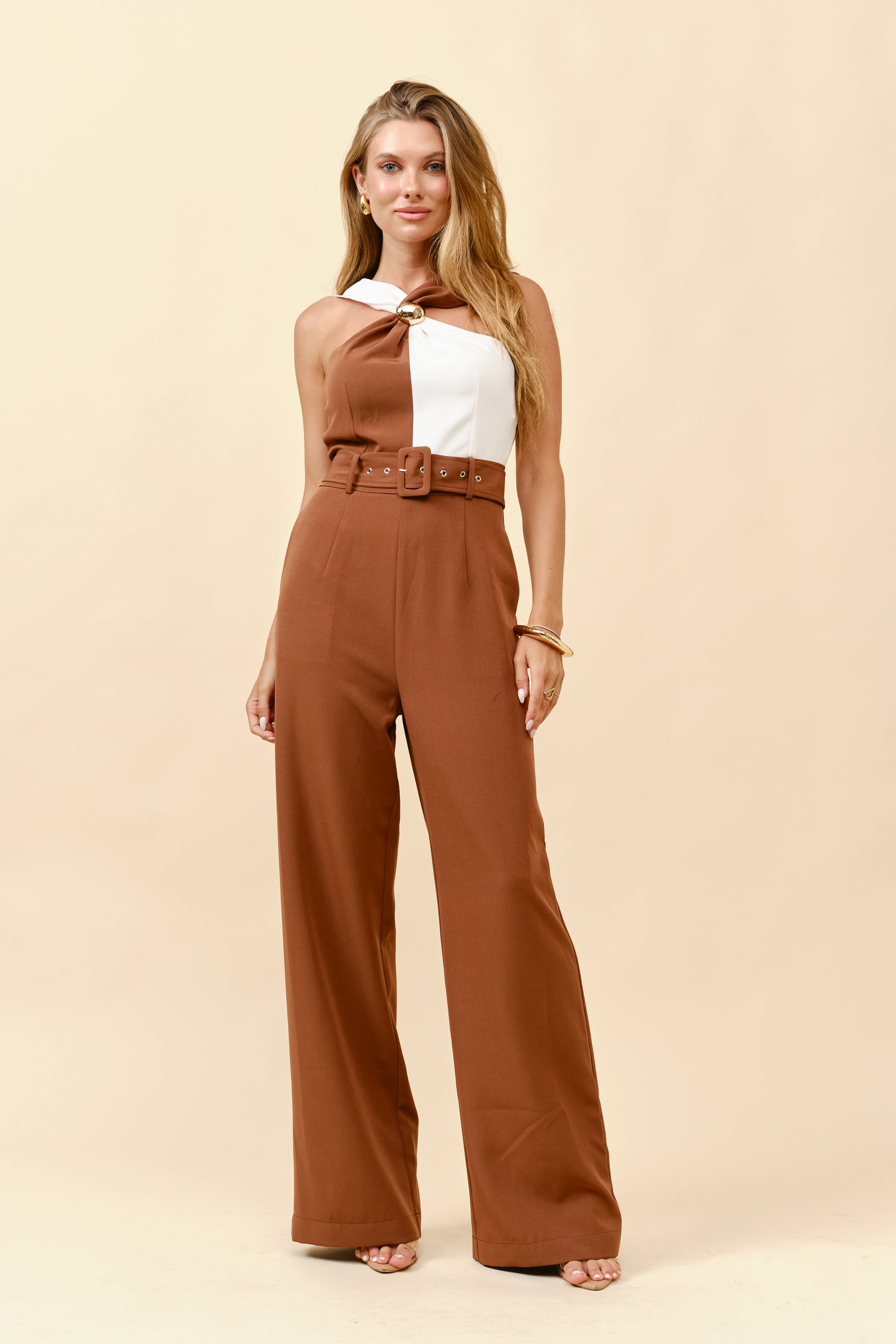 TM204- Belted color block twist-neck jumpsuit/ Pre-packed: S(2) – M(2) – L(2) – 6pcs