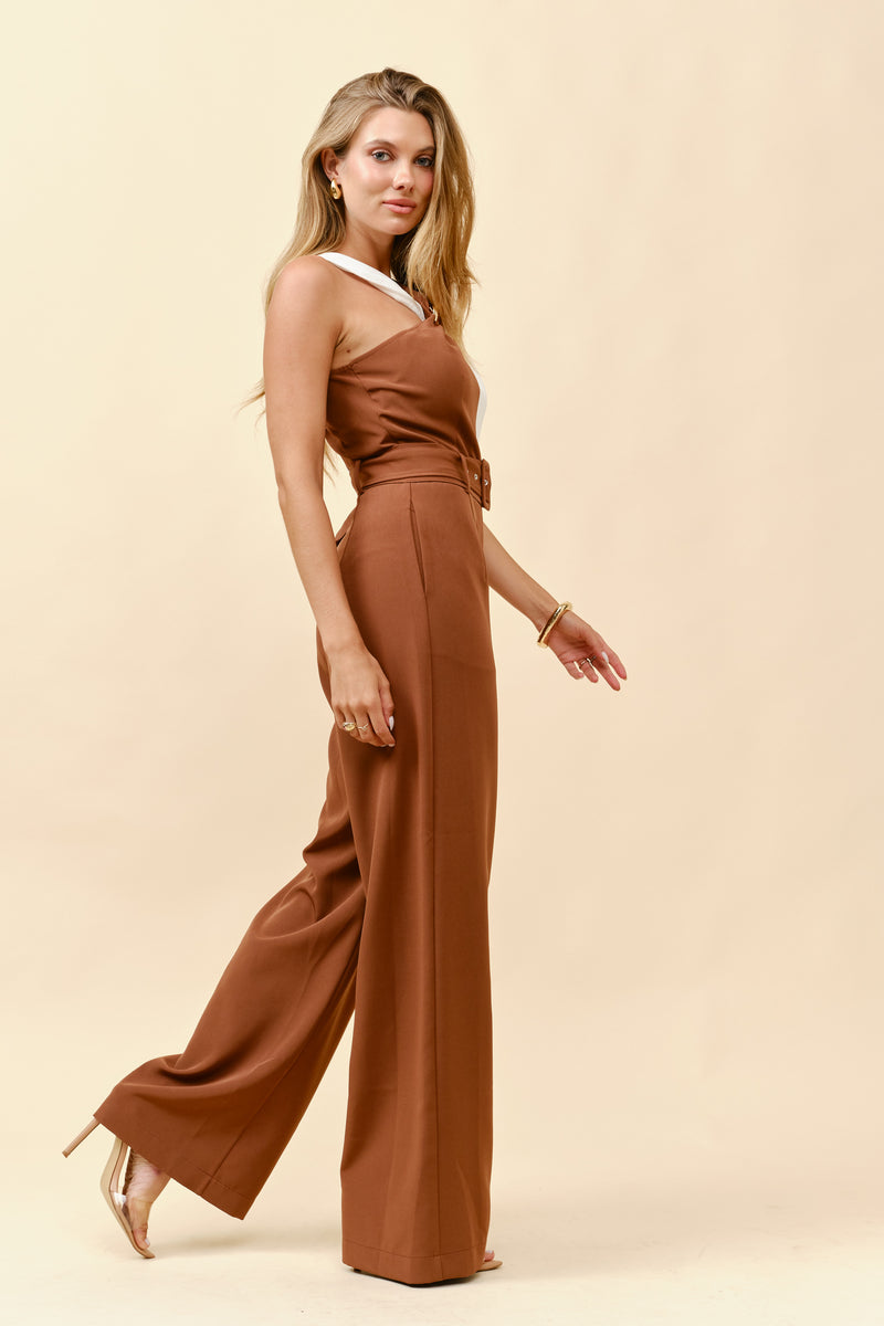 TM204- Belted color block twist-neck jumpsuit
