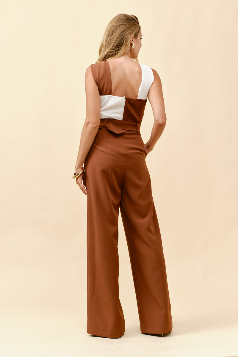 TM204- Belted color block twist-neck jumpsuit