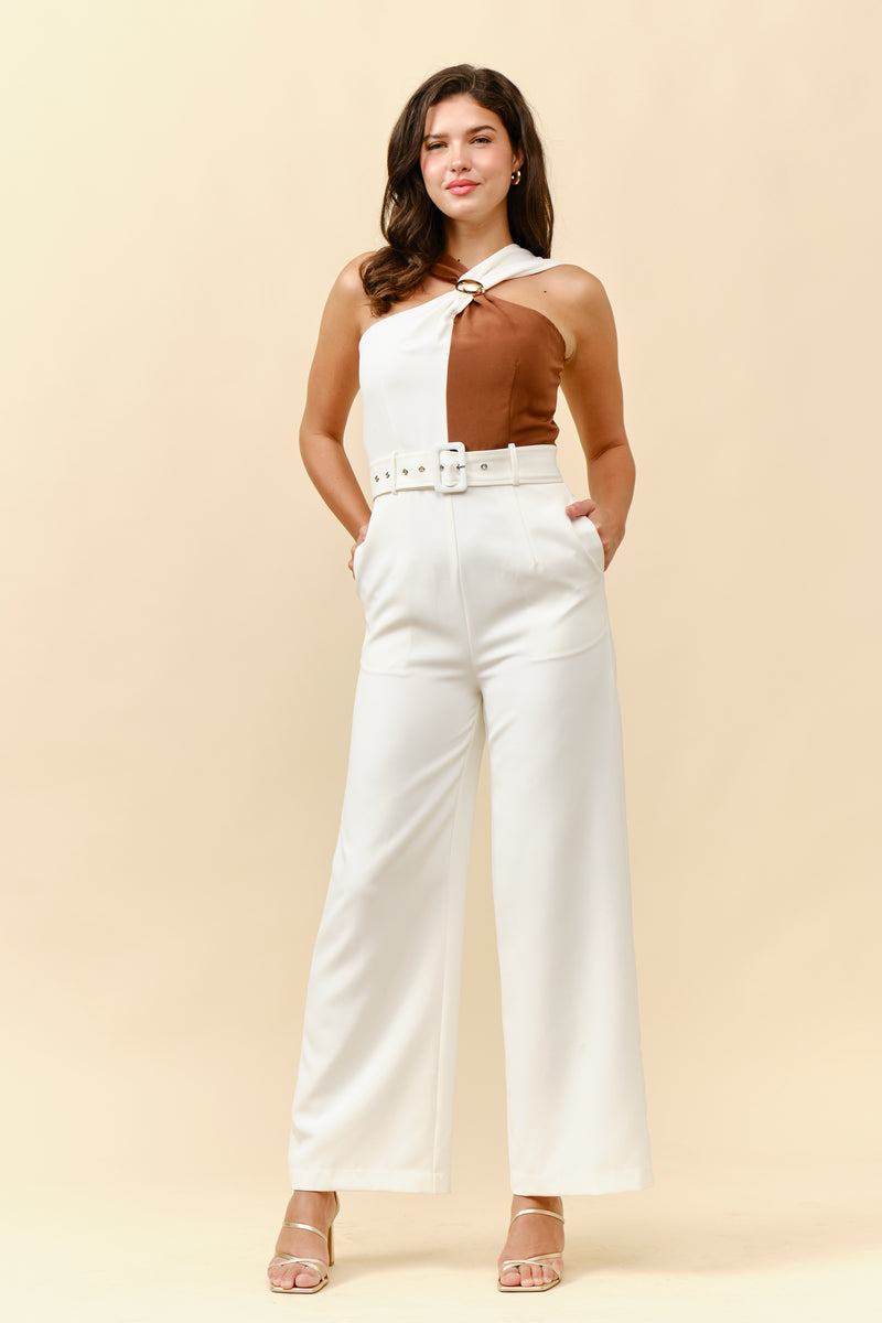 TM204- Belted color block twist-neck jumpsuit