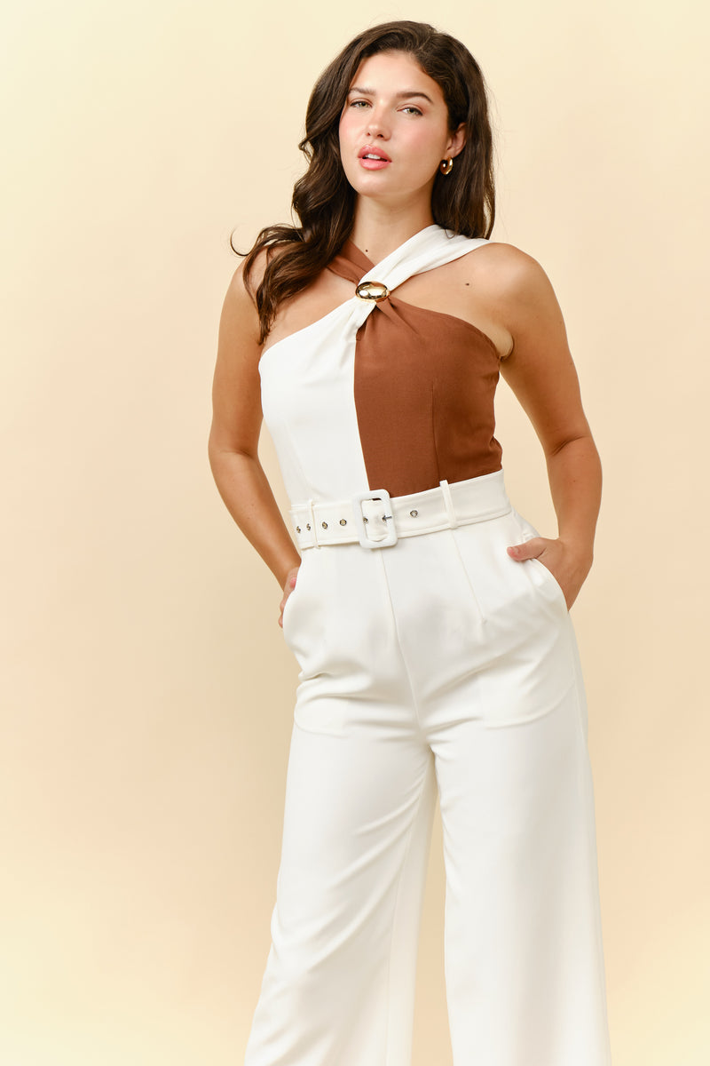 TM204- Belted color block twist-neck jumpsuit