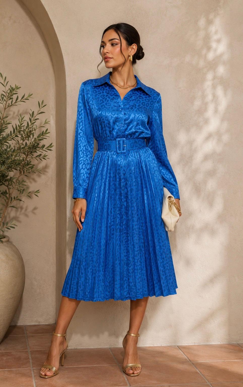TCH9128A- Satin long sleeve pleated dress
