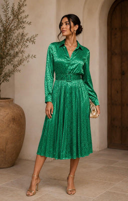 TCH9128A- Satin long sleeve pleated dress