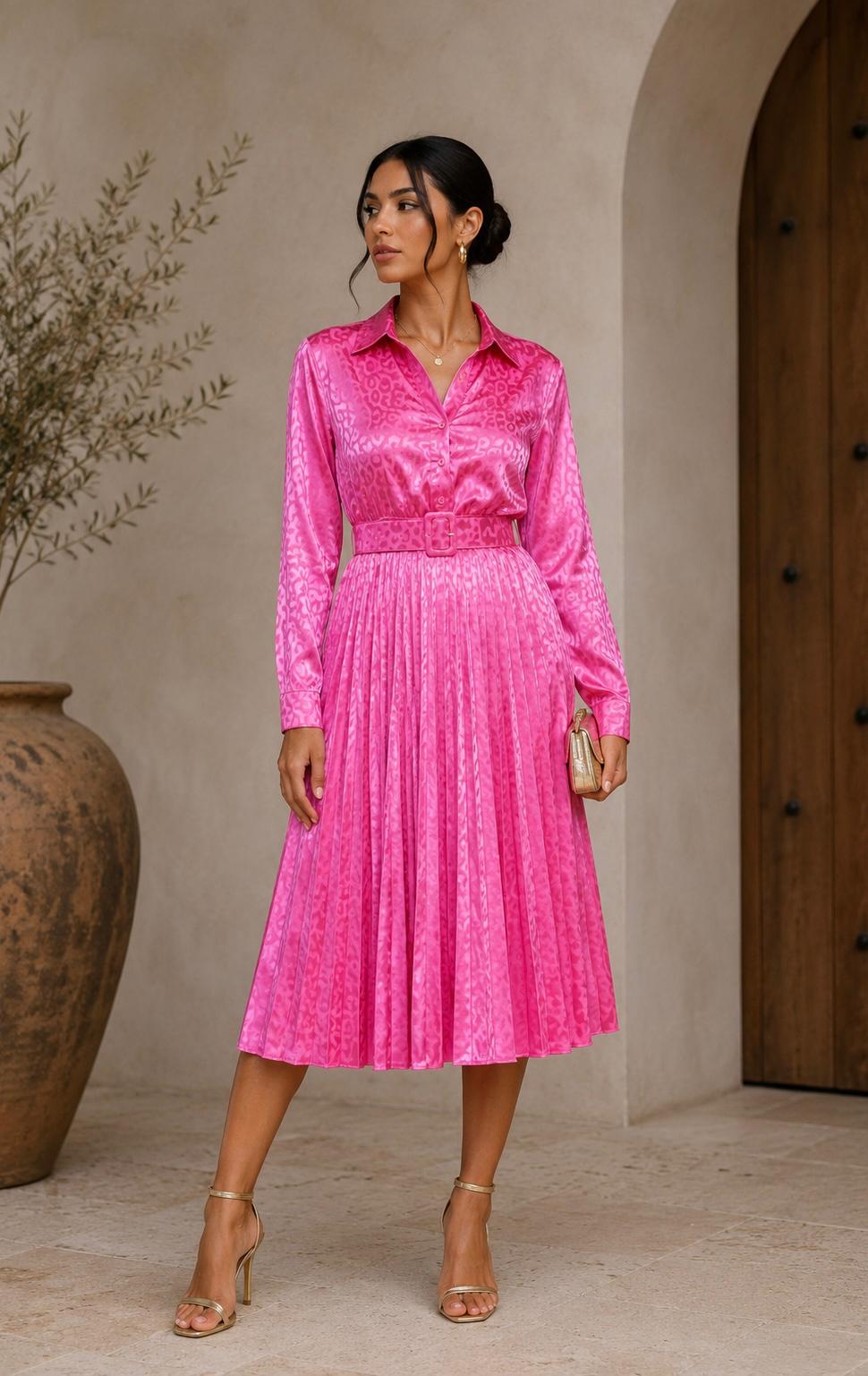 TCH9128A- Satin long sleeve pleated dress