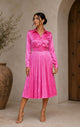 TCH9128A- Satin long sleeve pleated dress