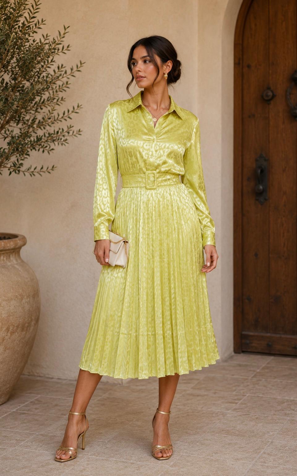 TCH9128A- Satin long sleeve pleated dress