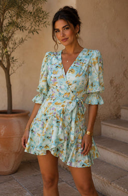 TCH6719P- Floral Puff Sleeve Wrap Mini Dress