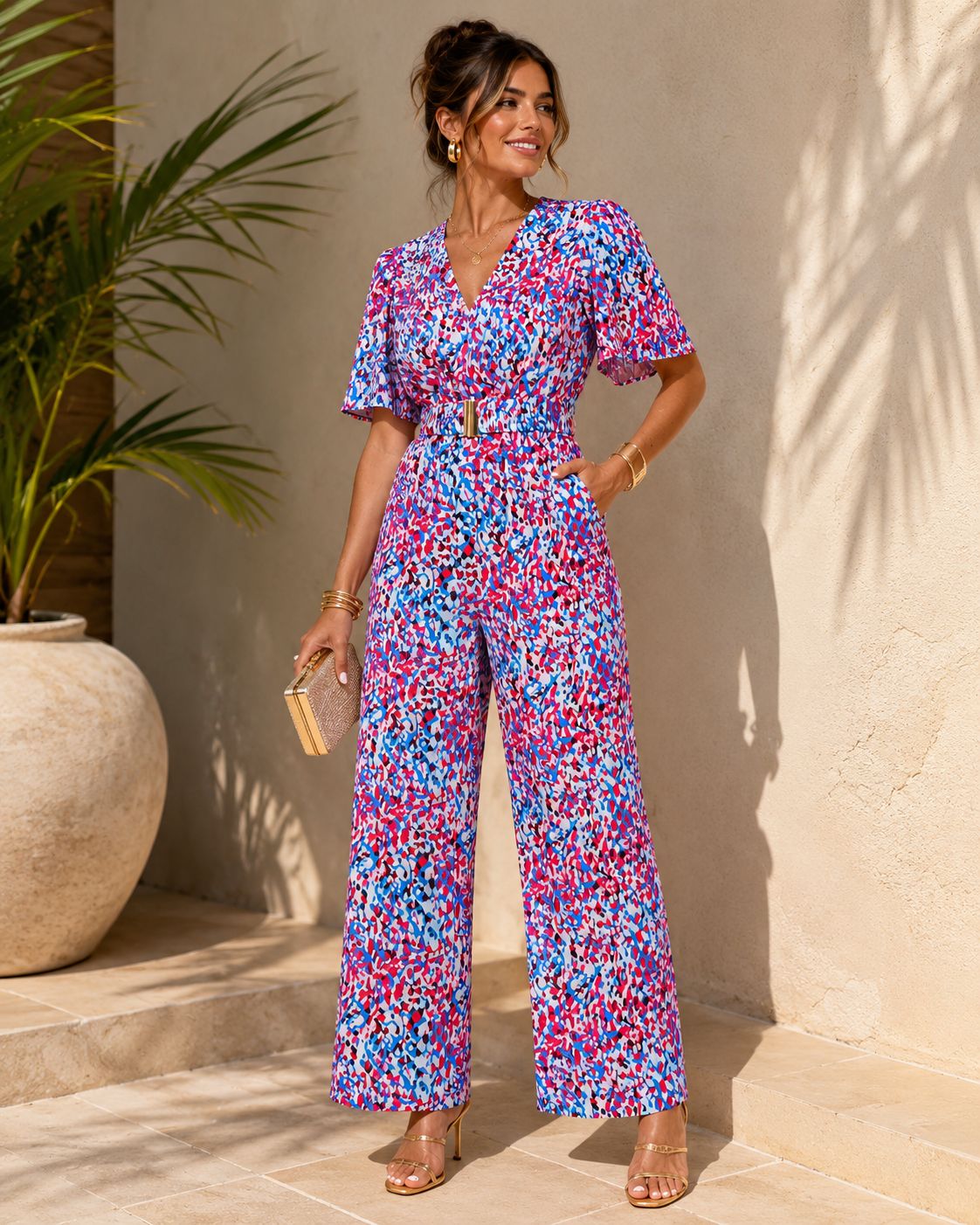 TCH8861B- Printed Wide-Leg Jumpsuit