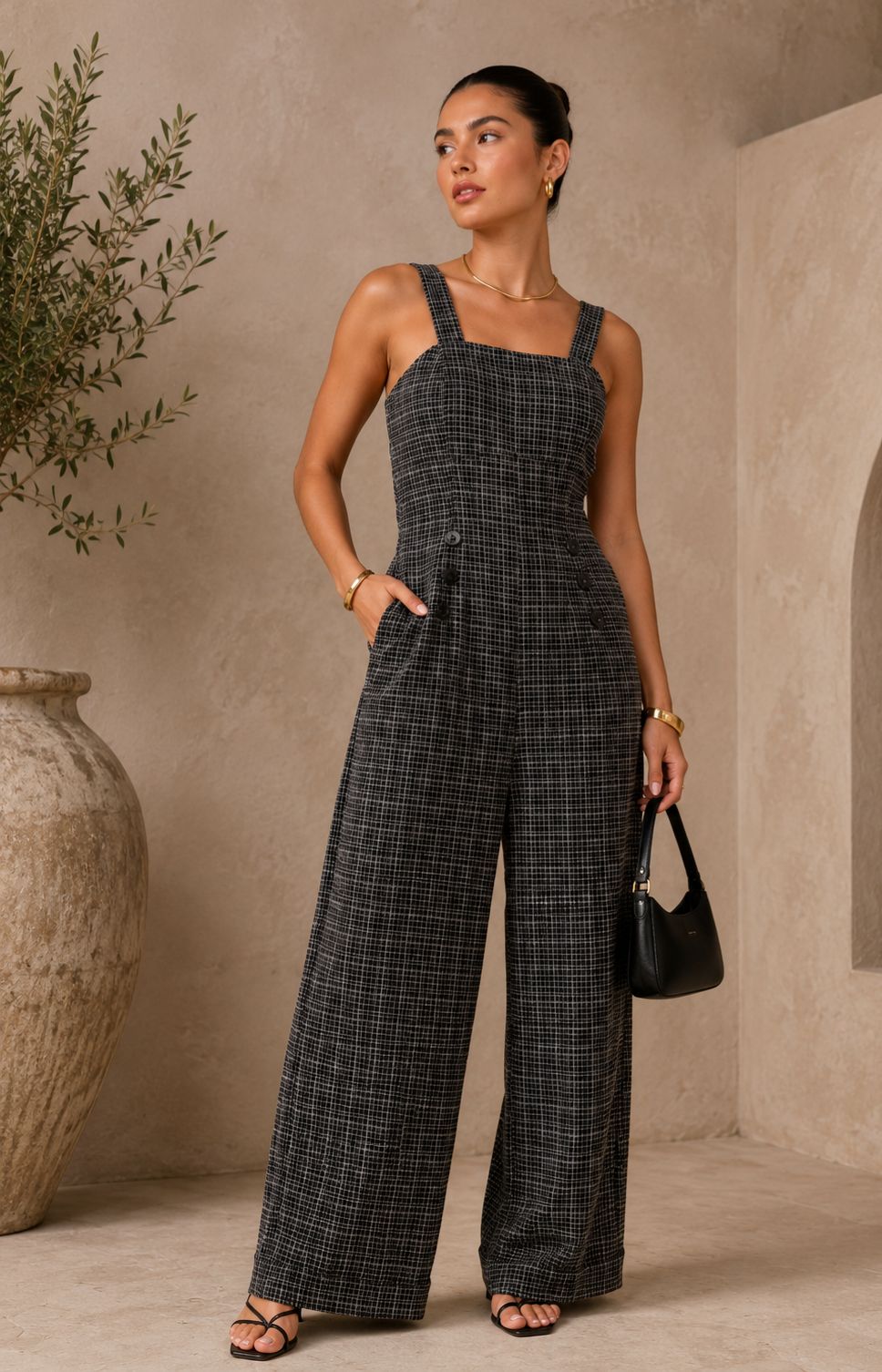 TM139- Plaid Wide-Leg Jumpsuit