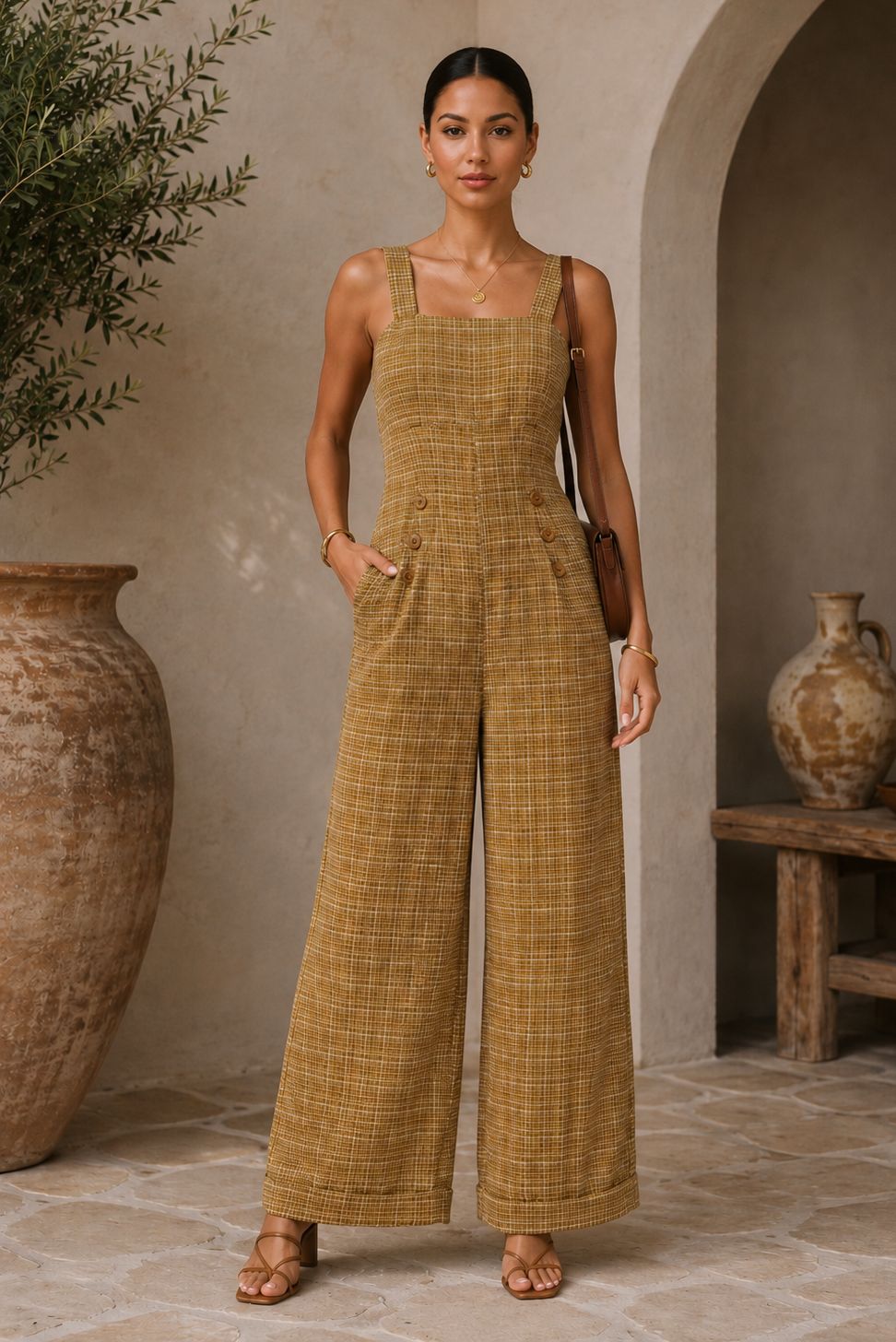 TM139- Plaid Wide-Leg Jumpsuit