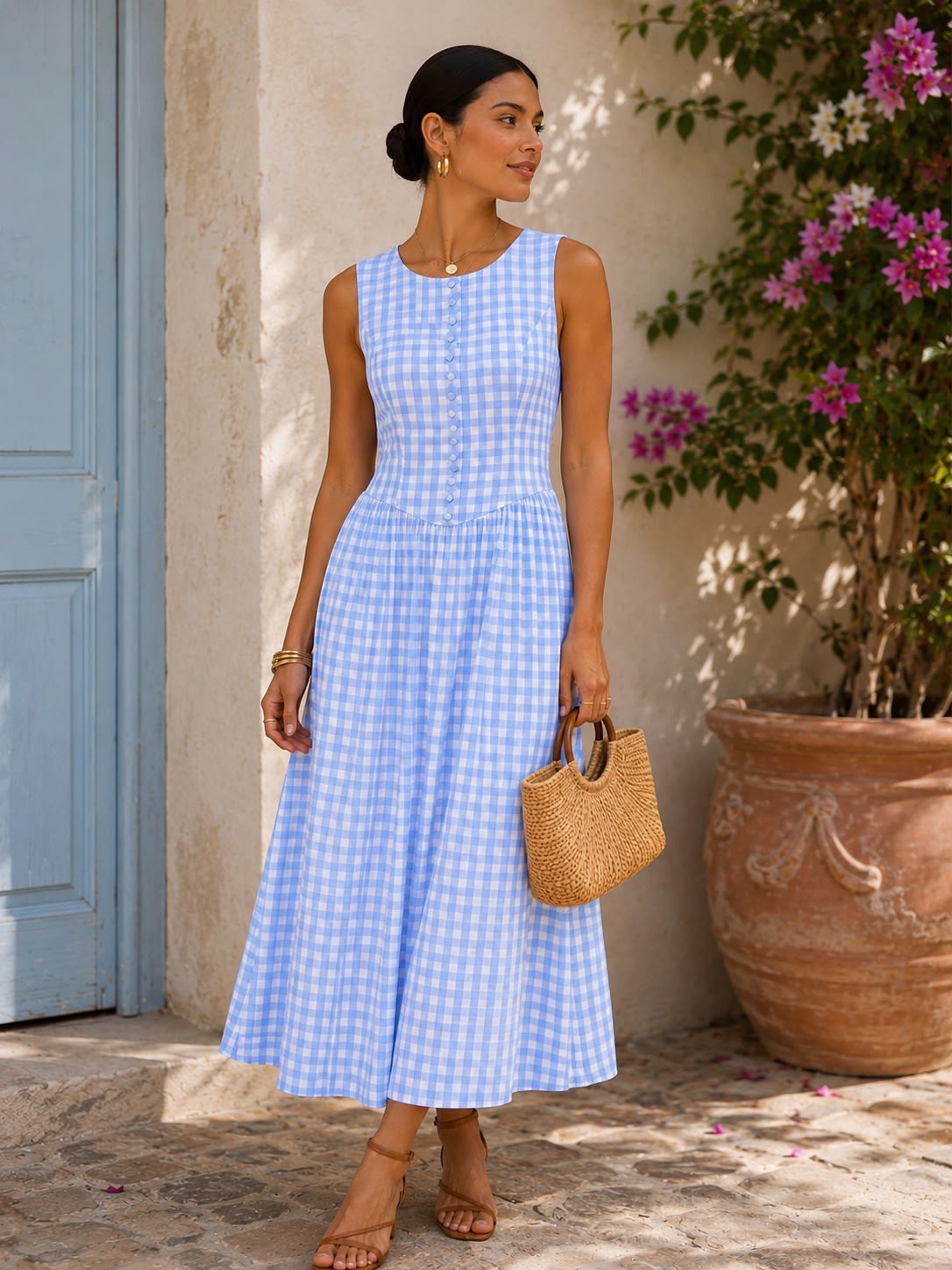 TCS3006 - Button Front Gingham Midi Dress