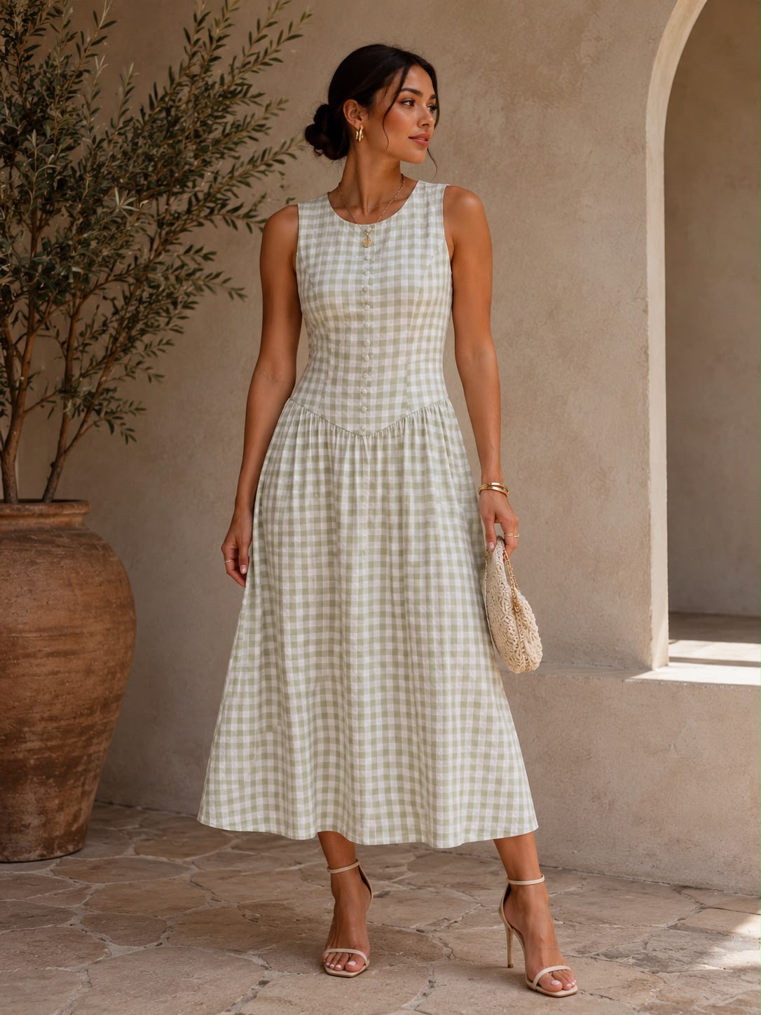 TCS3006 - Button Front Gingham Midi Dress