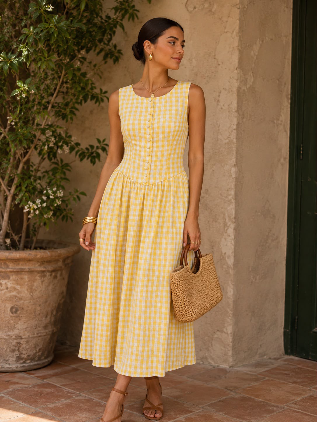 TCS3006 - Button Front Gingham Midi Dress
