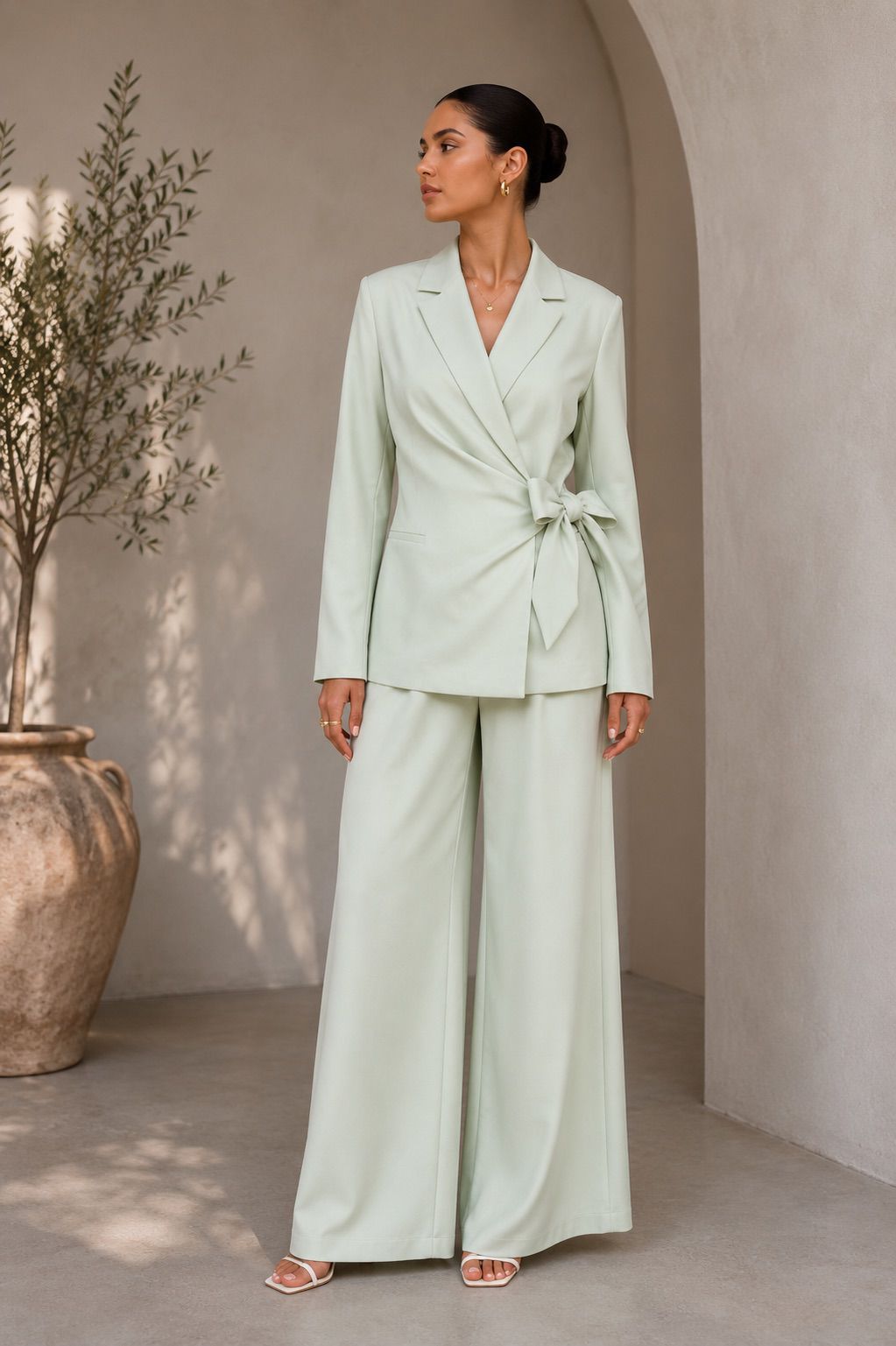 TCS3022 - Sophisticated Tie-Waist Blazer & Wide-Leg Pant Set