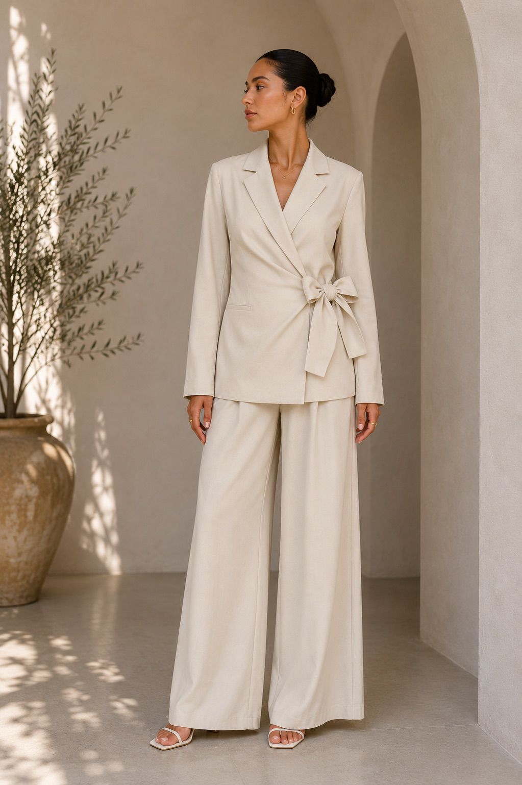 TCS3022 - Sophisticated Tie-Waist Blazer & Wide-Leg Pant Set