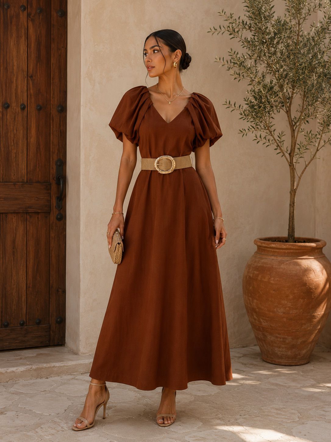 TCS3017 - Puff Sleeve Belted Maxi Dress