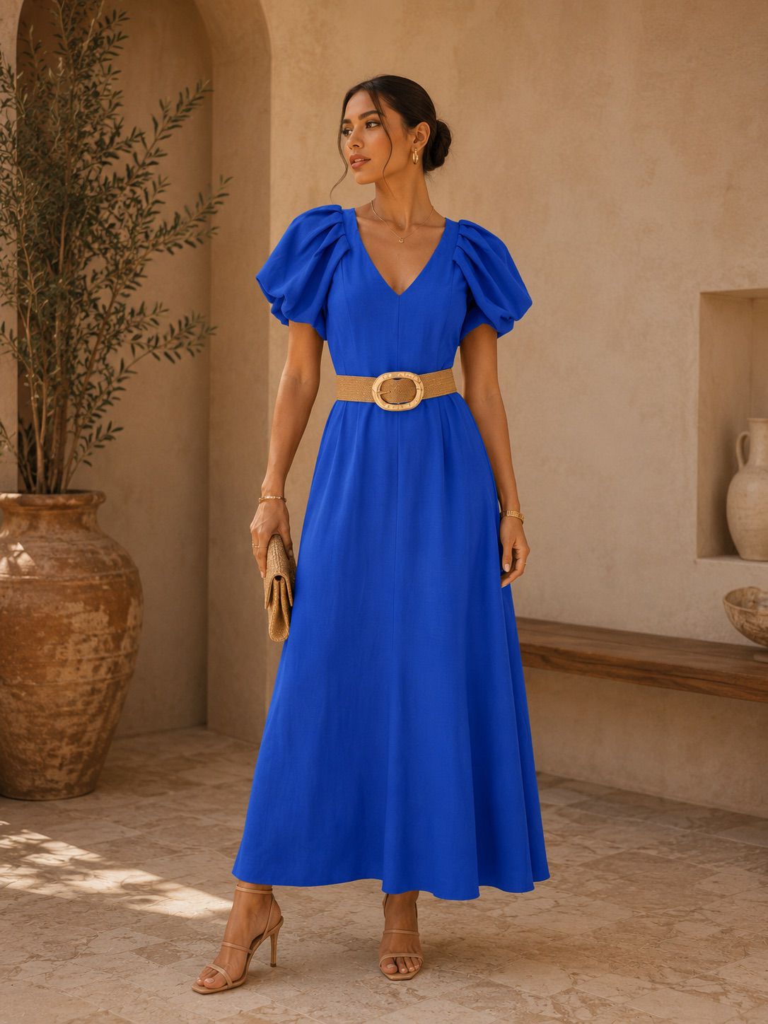 TCS3017 - Puff Sleeve Belted Maxi Dress