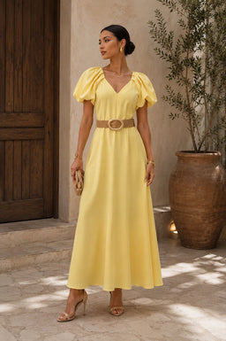 TCS3017 - Puff Sleeve Belted Maxi Dress