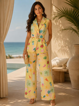 TCS3015 - Coastal Print Sleeveless Blazer & Wide-Leg Pant Set